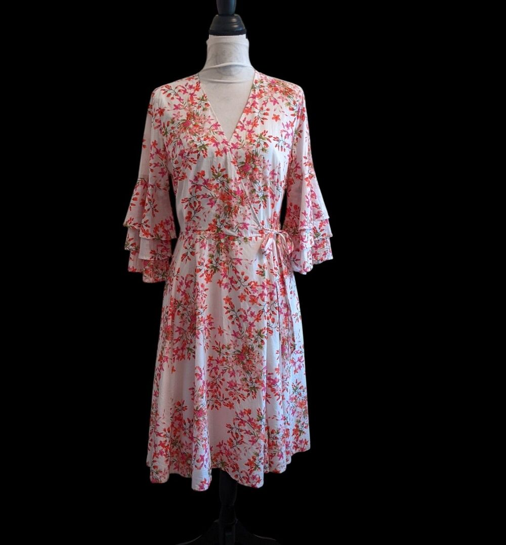 CALVIN KLEIN Spring Summer White Floral Fit & Flare Midi Wrap Dress